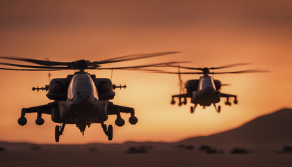 attack, helicopters, flying, formation, desert, battlefield, dusk, silhouettes, stark, orange, sky, coordinated, strike, intense, military, mission, dramatic, aerial, action, tactical, operation, powe