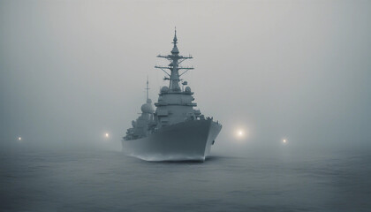 Fototapeta premium A naval destroyer navigating through a thick fog, with only the ship’s lights cutting through the gloom, while the sea swells ominously around it. 