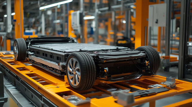 Electric vehicle batteries undergoing quality control checks.