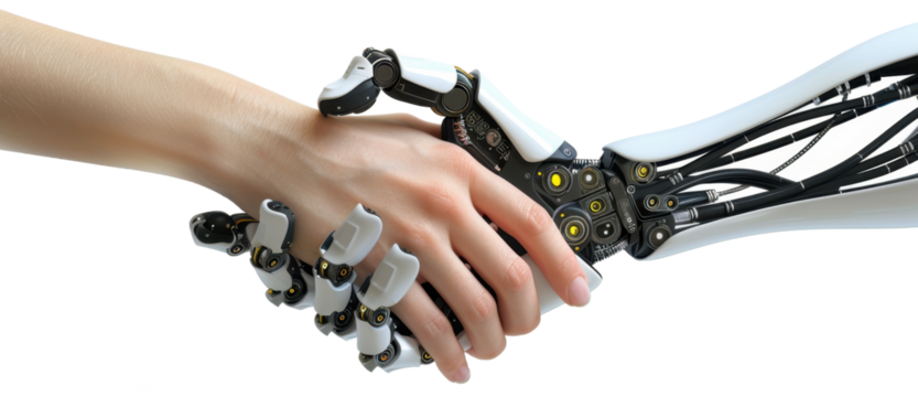 Human hand shaking hands with a robotic hand close-up.  Harmony and collaboration between humans and advanced technology, Innovation and partnership with AI robotics