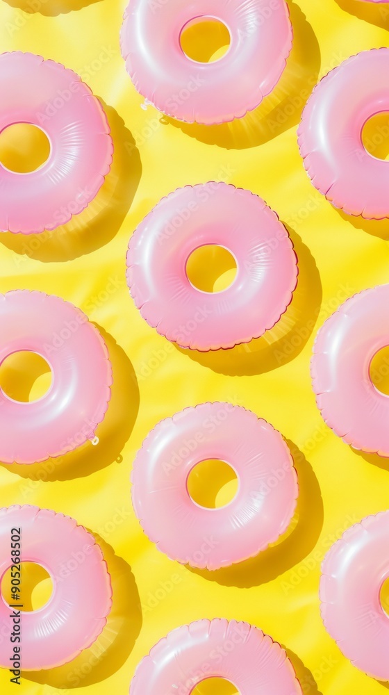Poster bright and vibrant pattern of pink inflatable rings on soft yellow background evoking sunny beach vi