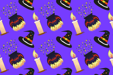 A seamless Halloween pattern featuring witch hats, cauldrons, and candles. Perfect for festive decorations and spooky designs.