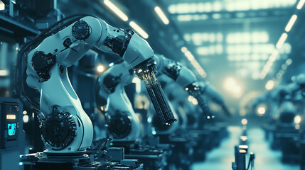 Fototapeta premium Engineers programming robots for battery manufacturing.