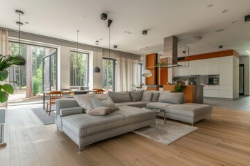 Fototapeta premium Modern living room with grey sectional sofa, large windows, and wooded view
