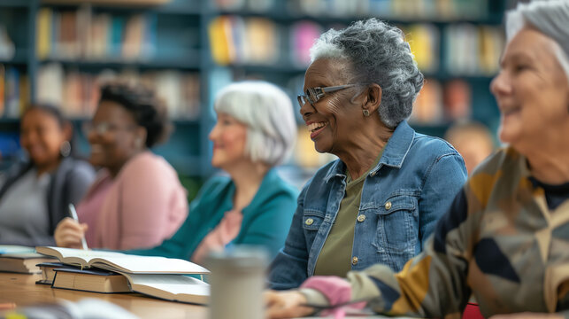 A diverse group of senior adults attending a community class in a library, smiling and engaged in learning activities together.