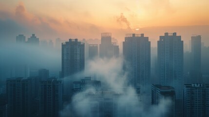 Fototapeta premium Skyscrapers are partially obscured in fog or smoke pollution as the sun rises. City skyline at sunrise or sunset.