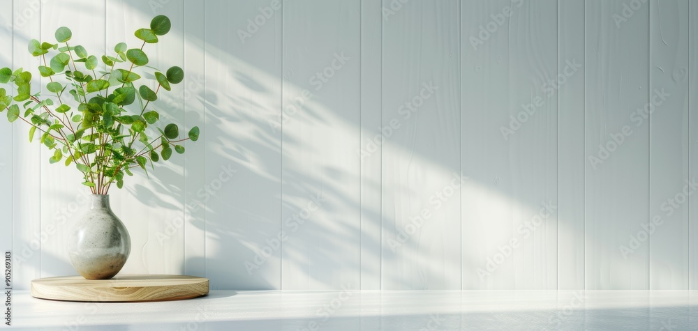 Aufkleber A serene indoor scene featuring a green plant in a vase on a simple table, enhanced by soft natural light and shadows.