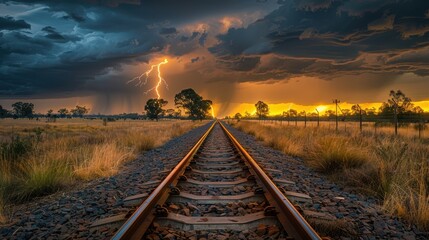 Obraz premium Lightning Strike Over Railroad Tracks