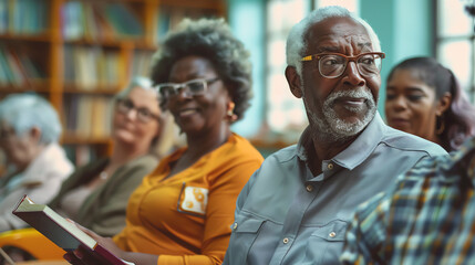 Obraz premium Diverse group of seniors engaged in a community book club meeting in a library, fostering learning and discussion.