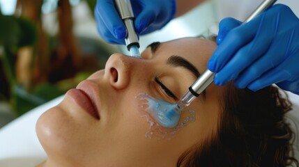 Naklejka premium Close-up of a Woman Receiving a Facial Treatment with a Tool