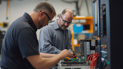 Technicians calibrating battery testing equipment.