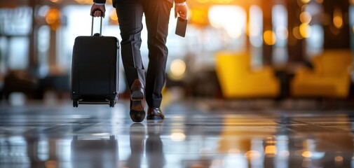 A traveler with a suitcase walking through a modern airport terminal during sunset, capturing the essence of journey and exploration.