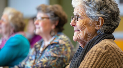 Fototapeta premium Elderly women attending a community event, engaging in conversation and participation, showcasing senior lifestyle and social interactions.