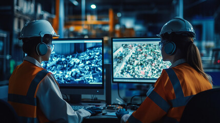 Technicians monitoring the recycling process on computer screens.