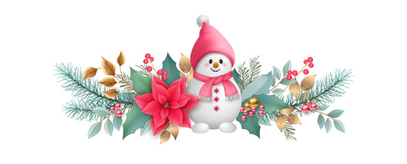 Christmas garland with a cute snowman, poinsettia flowers, fir branches, golden leaves and red berries on a white background. Christmas and New Year banner