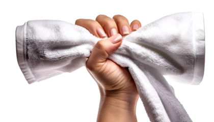 Close-up of a hand holding a white towel. Perfect for themes related to cleanliness, hygiene, and household chores.