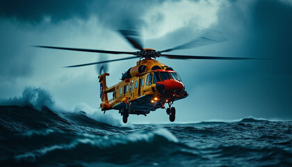 A rescue helicopter hovering above a turbulent ocean, battling heavy rain and powerful gusts as it searches for a stranded vessel.
