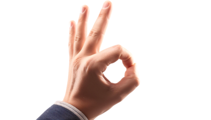 Close-up of a person's hand showing an 'OK' gesture, isolated on a white background. Concept of agreement, approval, or satisfaction.