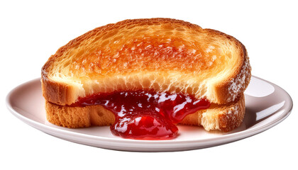 Delicious toasted bread with strawberry jam oozing out, served on a white plate. Perfect for a sweet breakfast or snack.