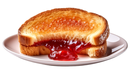 Delicious toasted bread with strawberry jam oozing out, served on a white plate. Perfect for a sweet breakfast or snack.
