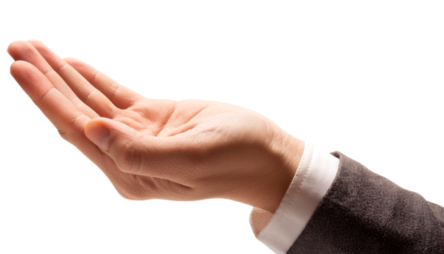 Empty open hand of a person in a business suit, offering or requesting something, isolated on white background.