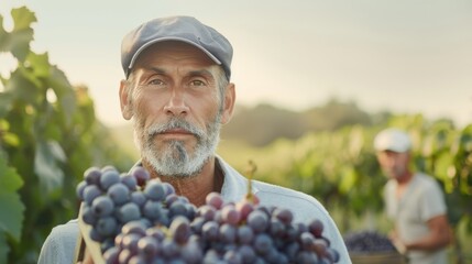 A man wearing a hat and holding a bunch of grapes