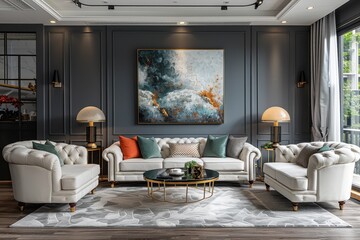Fototapeta premium Elegant Modern Living Room with Abstract Art and Gold Accents