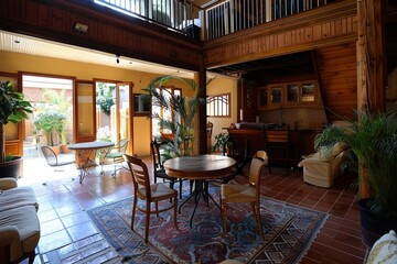 Fototapeta premium A bright, modern home interior with a patio and open floor plan