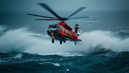 Fototapeta premium A rescue helicopter hovering above a turbulent ocean, battling heavy rain and powerful gusts as it searches for a stranded vessel. 