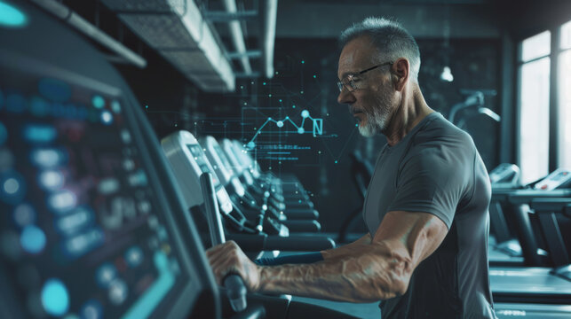 A side profile of an elder man working out on a treadmill, surrounded by a gym setup with futuristic data representations and digital interfaces. - Powered by Adobe