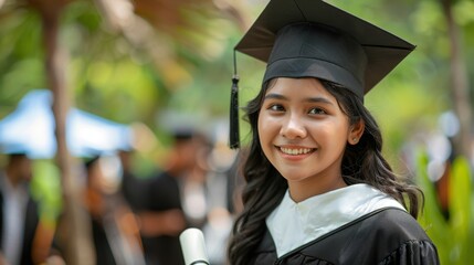 Joyful Asian Graduate Celebrating Academic Achievement, portrait of a smiling young Asian woman wearing a graduation cap and gown, celebrating her academic success