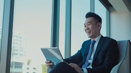 Fototapeta premium A man in a suit sits by a large window, smiling and working on a tablet, enjoying the natural light and modern office atmosphere.