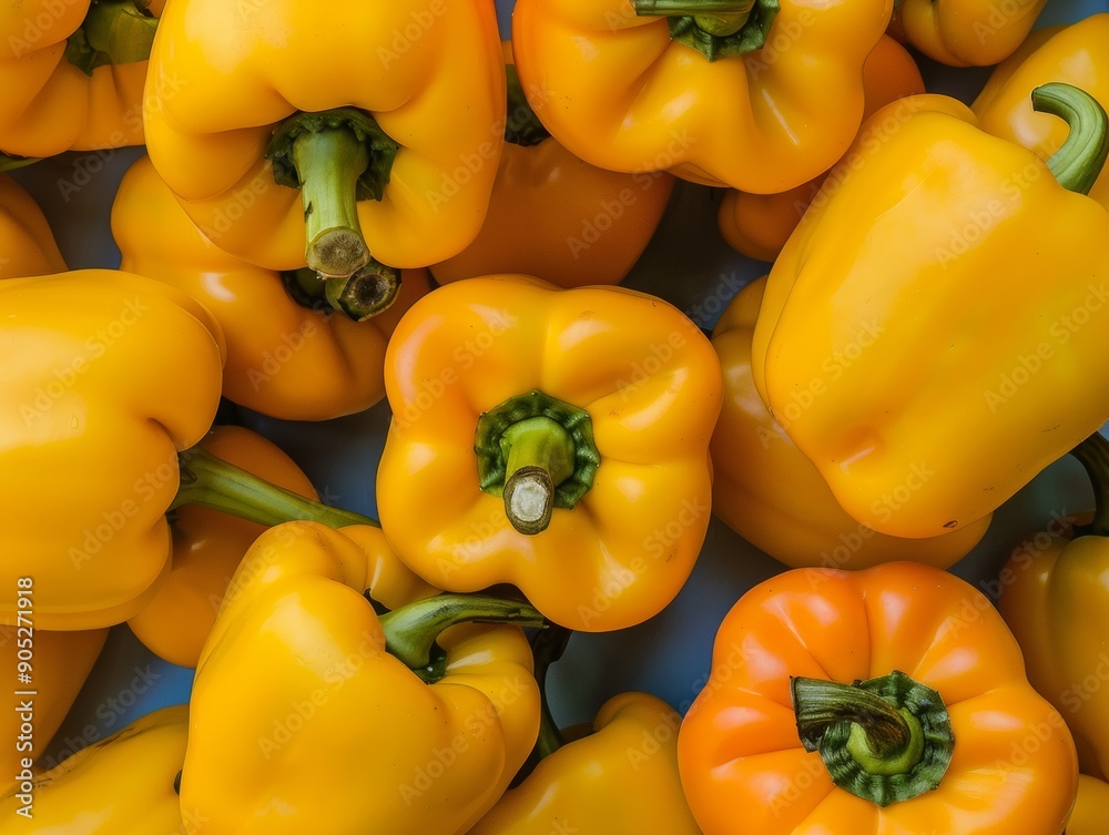 Aufkleber aerial view of symmetrical pattern of vibrant yellow bell peppers - detailed geometric textured back