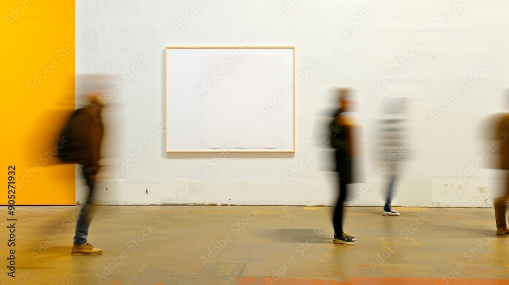 Poster motion blurred people passing by minimalist beige interior wall with empty frame in modern vibrant r