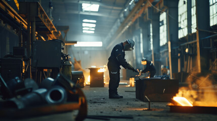 A worker in protective gear and helmet skillfully works in a bustling industrial factory, sparks flying and machines humming in the background.