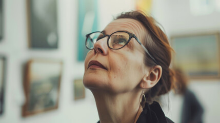A woman in a black outfit thoughtfully examines paintings in an art gallery, her gaze focused upwards with evident curiosity and contemplation.