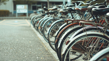 Obraz premium Rows of parked bicycles stand in perfect symmetry, reflecting a quiet, organized communal space awaiting the hustle and bustle of daily commutes.