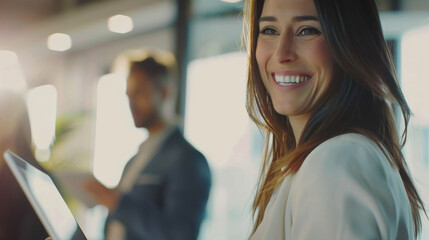 A bright and enthusiastic woman in a business setting smiles while interacting with co-workers, her lively expression capturing the energy of a modern workplace.
