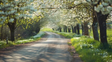 Obraz premium Winding Countryside Road Lined with Blooming Flowers in Picturesque Rural Landscape