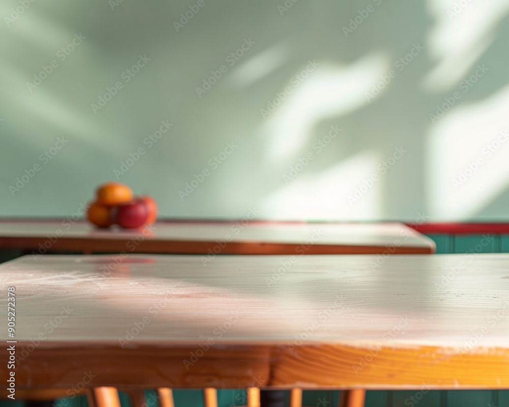 Poster fresh morning light on minimalist soft red table in vibrant dining scene with natural bokeh effect