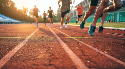 Runners nearing the finish line on an outdoor track, with a golden sunset casting long shadows and a warm atmosphere.