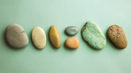 Obraz premium Beautifully arranged stones of various sizes and colors rest on a pastel green background, symbolizing serenity and balance.