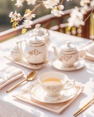 Spring Day Garden Tea Party in Blooming Cherry Blossom Garden with Vintage Tea Sets