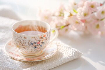 Fototapeta premium Close-Up of Vintage Floral Porcelain Teacup with Steaming Tea and Fresh Flowers in Gentle Morning Light, Capturing Delicate Details and Tranquil Mood