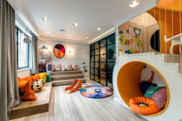 A stylish and modern playroom featuring colorful pillows, a slide, and a unique tunnel play area