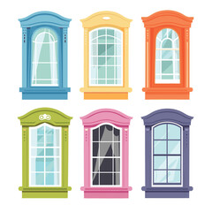 Collection colorful vintage windows styles architecture design elements, flat vector illustration. Cartoon window frames varying shapes colors house facade, decorative urban construction details