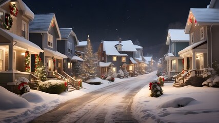 A snowy neighborhood street with houses adorned with festive Christmas lights and decorations, with a light snowfall gently covering the ground.
