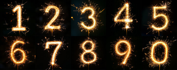 Fireworks numbers set on dark background. 