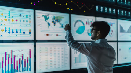 A professional analyzing data displayed on multiple screens in a high-tech environment, emphasizing analytics, technology, and data-driven decision-making.