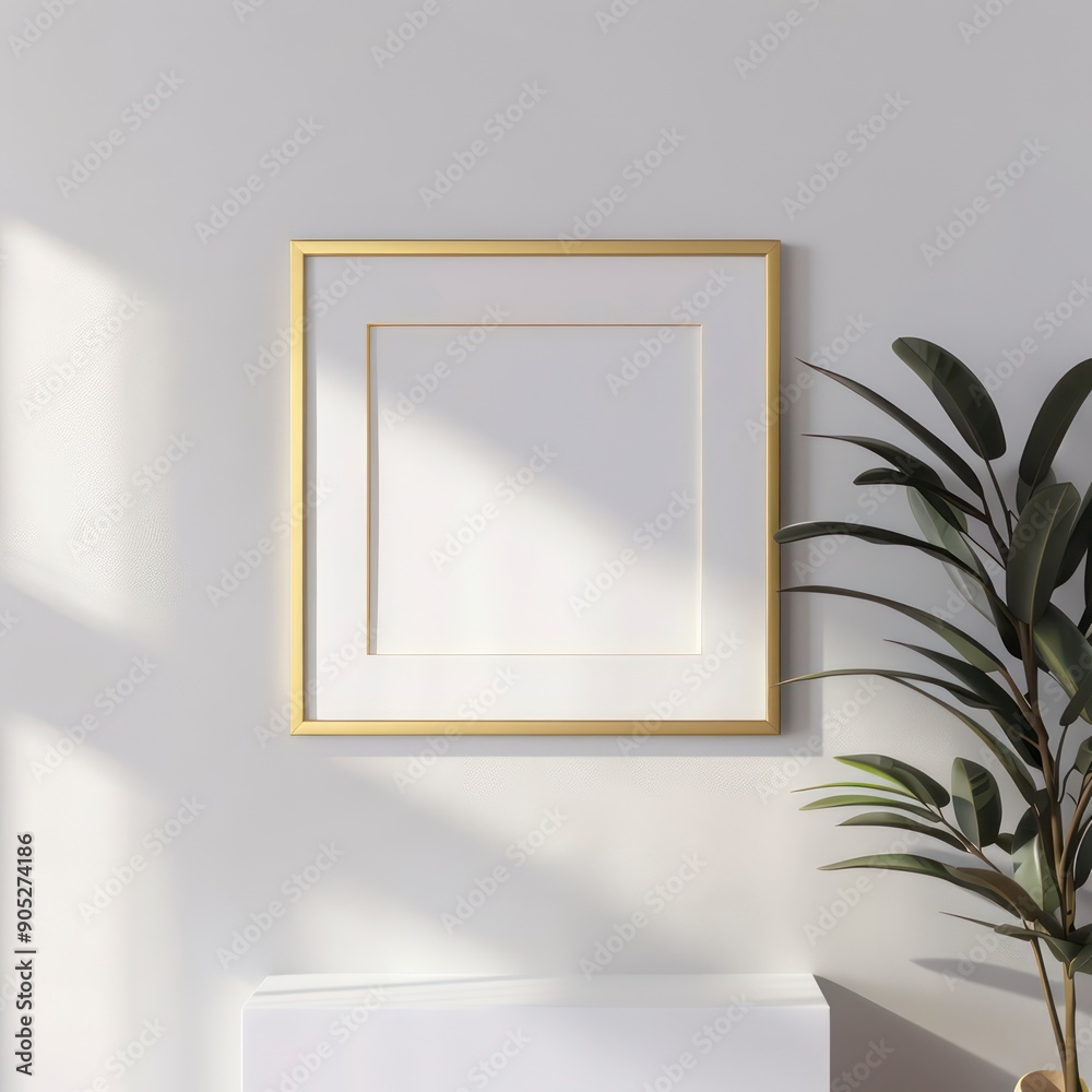 Wall mural simplistic gold frame mockup opening for artwork on a white wall